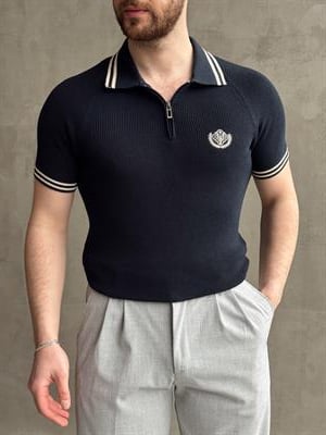 Erkek Premium Yüksek Kalite Regular Kalıp Fermuar Detaylı Nakışlı Triko T-Shirt-Lacivert(E1669)