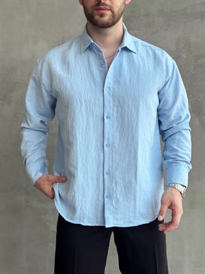 Erkek Trend Model Oversize Kalıp Kendiliğinden Çizgi Detaylı Gömlek-Bebe Mavi(E1786)Ketench