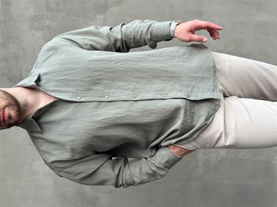 Erkek Trend Model Oversize Kalıp Kendiliğinden Çizgi Detaylı Gömlek-Haki(E1786)