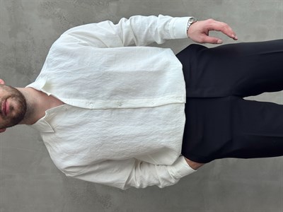Erkek Trend Model Oversize Kalıp Kendiliğinden Çizgi Detaylı Gömlek-Beyaz(E1786)