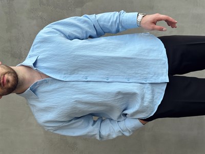 Erkek Trend Model Oversize Kalıp Kendiliğinden Çizgi Detaylı Gömlek-Bebe Mavi(E1786)