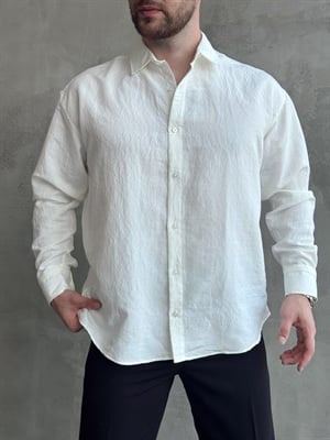 Erkek Trend Model Oversize Kalıp Kendiliğinden Çizgi Detaylı Gömlek-Beyaz(E1786)Ketench