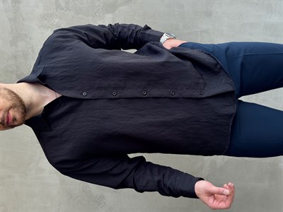 Erkek Trend Model Oversize Kalıp Kendiliğinden Çizgi Detaylı Gömlek-Siyah(E1786)