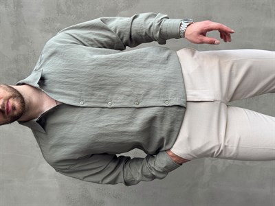 Erkek Trend Model Oversize Kalıp Kendiliğinden Çizgi Detaylı Gömlek-Haki(E1786)