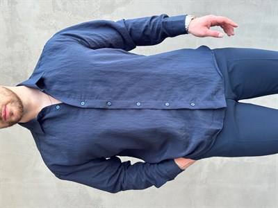 Erkek Trend Model Oversize Kalıp Kendiliğinden Çizgi Detaylı Gömlek-Lacivert(E1786)