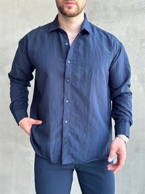 Erkek Trend Model Oversize Kalıp Kendiliğinden Çizgi Detaylı Gömlek-Lacivert(E1786)Ketench