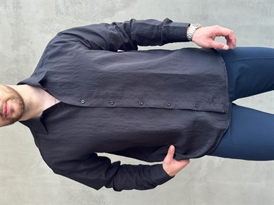 Erkek Trend Model Oversize Kalıp Kendiliğinden Çizgi Detaylı Gömlek-Siyah(E1786)