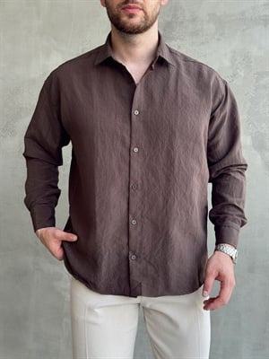 Erkek Trend Model Oversize Kalıp Kendiliğinden Çizgi Detaylı Gömlek-Kahverengi(E1786)Ketench
