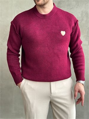 Erkek Trend Model Oversize Kalıp Pis Dikişli Kalp Nakışlı Triko Kazak-Bordo(E1851)