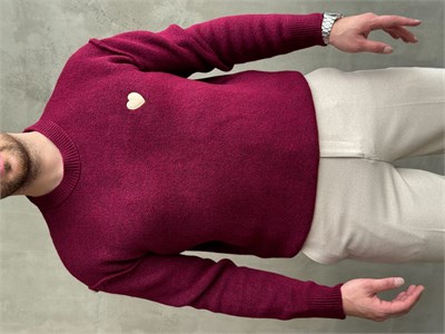 Erkek Trend Model Oversize Kalıp Pis Dikişli Kalp Nakışlı Triko Kazak-Bordo(E1851)