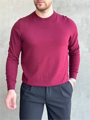 Erkek Trend Model Regular Fit Bisiklet Yaka Ribana Detay İnce Triko Kazak-Bordo(E1808)