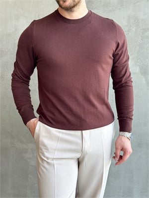 Erkek Trend Model Regular Fit Bisiklet Yaka Ribana Detay İnce Triko Kazak-Kahverengi(E1808)