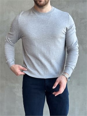 Erkek Trend Model Regular Fit Bisiklet Yaka Ribana Detay İnce Triko Kazak-Gri(E1808)