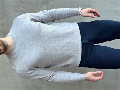 Erkek Trend Model Regular Fit Bisiklet Yaka Ribana Detay İnce Triko Kazak-Gri(E1808)