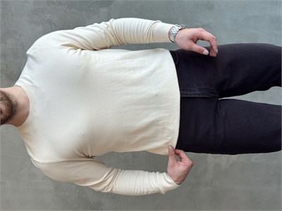 Erkek Trend Model Regular Fit Bisiklet Yaka Ribana Detay İnce Triko Kazak-Bej(E1808)