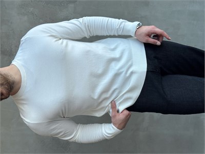 Erkek Trend Model Regular Fit Bisiklet Yaka Ribana Detay İnce Triko Kazak-Beyaz(E1808)