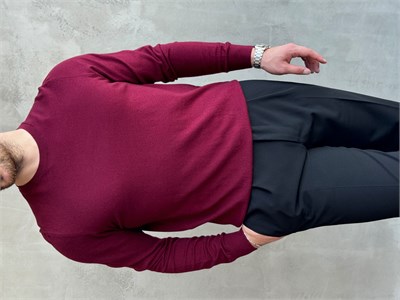 Erkek Trend Model Regular Fit Bisiklet Yaka Ribana Detay İnce Triko Kazak-Bordo(E1808)