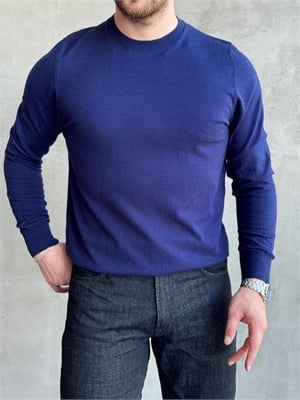 Erkek Trend Model Regular Fit Bisiklet Yaka Ribana Detay İnce Triko Kazak-Lacivert(E1808)
