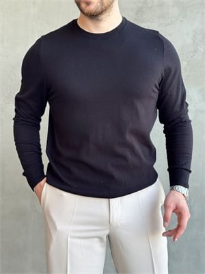 Erkek Trend Model Regular Fit Bisiklet Yaka Ribana Detay İnce Triko Kazak-Siyah(E1808)