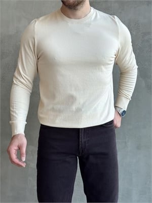 Erkek Trend Model Regular Fit Bisiklet Yaka Ribana Detay İnce Triko Kazak-Bej(E1808)