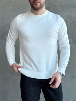 Erkek Trend Model Regular Fit Bisiklet Yaka Ribana Detay İnce Triko Kazak-Beyaz(E1808)