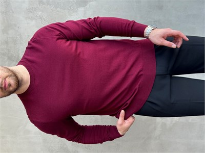Erkek Trend Model Regular Fit Bisiklet Yaka Ribana Detay İnce Triko Kazak-Bordo(E1808)