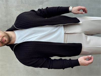Erkek Trend Model Regular Fit Halat Desenli Ribana Detaylı Triko Hırka-Siyah(E1809)