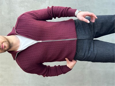 Erkek Trend Model Regular Fit Halat Desenli Ribana Detaylı Triko Hırka-Bordo(E1809)
