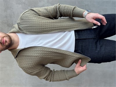 Erkek Trend Model Regular Fit Halat Desenli Ribana Detaylı Triko Hırka-Haki(E1809)