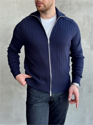 Erkek Trend Model Regular Fit Halat Desenli Ribana Detaylı Triko Hırka-Lacivert(E1809)