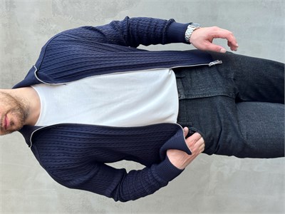 Erkek Trend Model Regular Fit Halat Desenli Ribana Detaylı Triko Hırka-Lacivert(E1809)