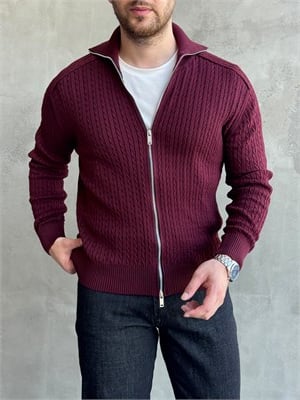 Erkek Trend Model Regular Fit Halat Desenli Ribana Detaylı Triko Hırka-Bordo(E1809)