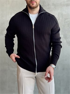 Erkek Trend Model Regular Fit Halat Desenli Ribana Detaylı Triko Hırka-Siyah(E1809)