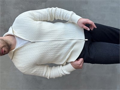 Erkek Trend Model Regular Fit Halat Desenli Ribana Detaylı Triko Hırka-Ekru(E1809)
