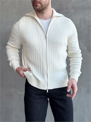 Erkek Trend Model Regular Fit Halat Desenli Ribana Detaylı Triko Hırka-Ekru(E1809)