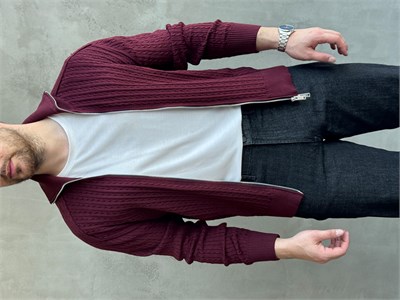 Erkek Trend Model Regular Fit Halat Desenli Ribana Detaylı Triko Hırka-Bordo(E1809)