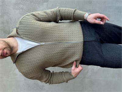 Erkek Trend Model Regular Fit Halat Desenli Ribana Detaylı Triko Hırka-Haki(E1809)