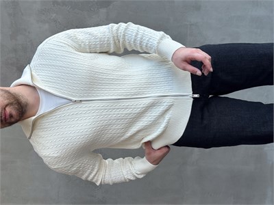 Erkek Trend Model Regular Fit Halat Desenli Ribana Detaylı Triko Hırka-Ekru(E1809)