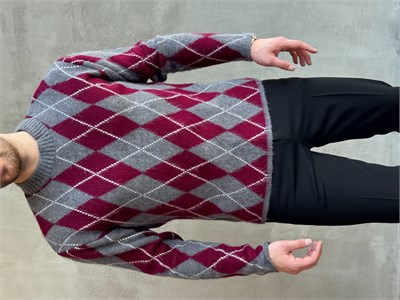 Erkek Trend Model Regular Kalıp Baklava Desenli Bisiklet Yaka Yün Triko Kazak-Bordo(E1872)