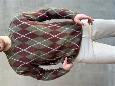 Erkek Trend Model Regular Kalıp Baklava Desenli Bisiklet Yaka Yün Triko Kazak-Haki(E1872)