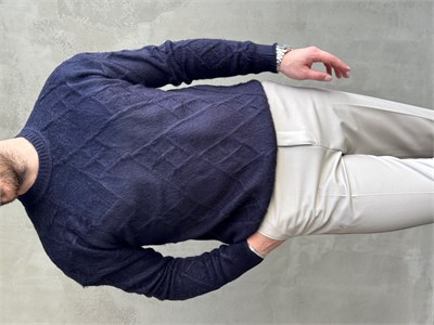 Erkek Trend Model Regular Kalıp Bisiklet Yaka Desenli Triko Kazak-Lacivert(E1866)