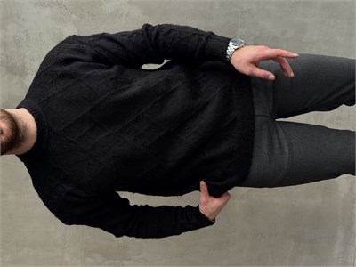 Erkek Trend Model Regular Kalıp Bisiklet Yaka Desenli Triko Kazak-Siyah(E1866)