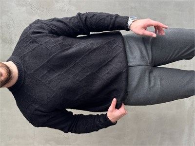 Erkek Trend Model Regular Kalıp Bisiklet Yaka Desenli Triko Kazak-Siyah(E1866)