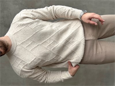 Erkek Trend Model Regular Kalıp Bisiklet Yaka Desenli Triko Kazak-Taş(E1866)