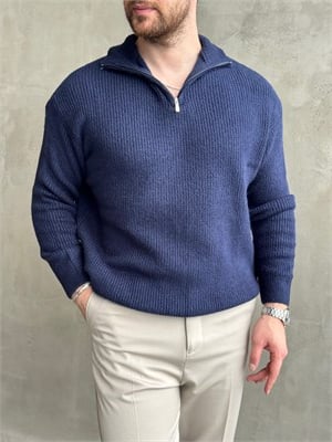 Erkek Trend Model Regular Kalıp Dik Yaka Yarım Fermuarlı Brazilian Örme Triko Kazak-Lacivert(E1865)