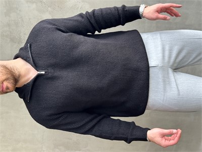 Erkek Trend Model Regular Kalıp Dik Yaka Yarım Fermuarlı Brazilian Örme Triko Kazak-Siyah(E1865)