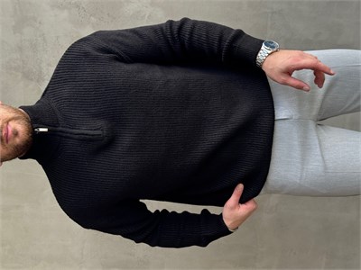 Erkek Trend Model Regular Kalıp Dik Yaka Yarım Fermuarlı Brazilian Örme Triko Kazak-Siyah(E1865)