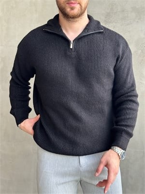 Erkek Trend Model Regular Kalıp Dik Yaka Yarım Fermuarlı Brazilian Örme Triko Kazak-Siyah(E1865)