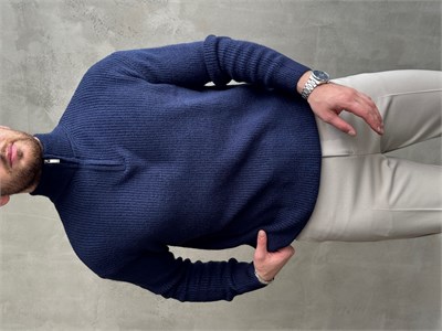 Erkek Trend Model Regular Kalıp Dik Yaka Yarım Fermuarlı Brazilian Örme Triko Kazak-Lacivert(E1865)
