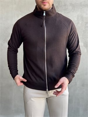 Erkek Trend Model Regular Kalıp Fermuarlı Dik Yaka Triko Hırka-Kahverengi(E1874)